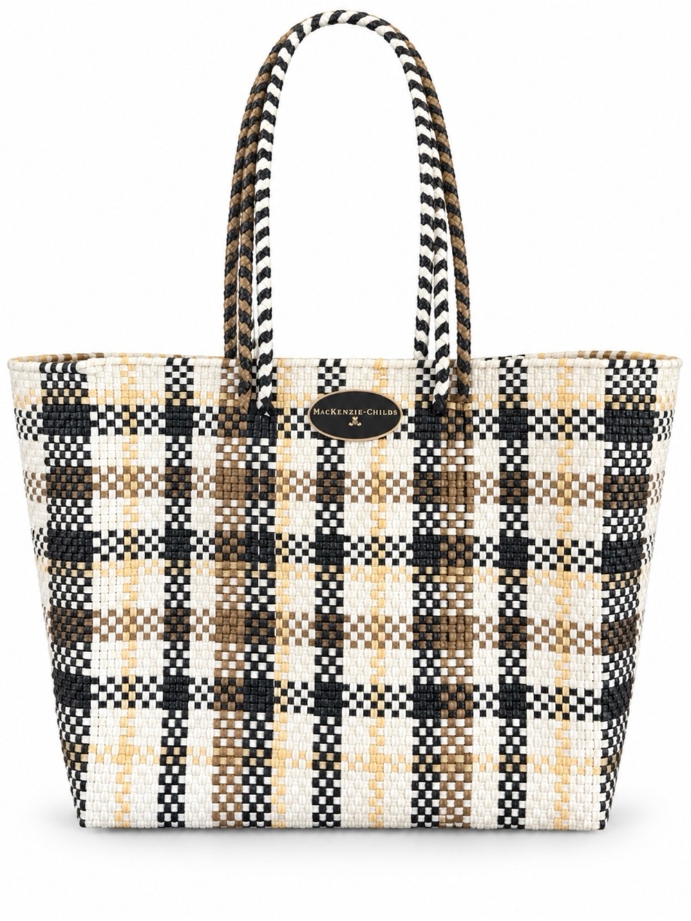 Rare Mackenzie-Childs Retired Courtyard Woven Plaid Tote Black Ivory Tan NEW